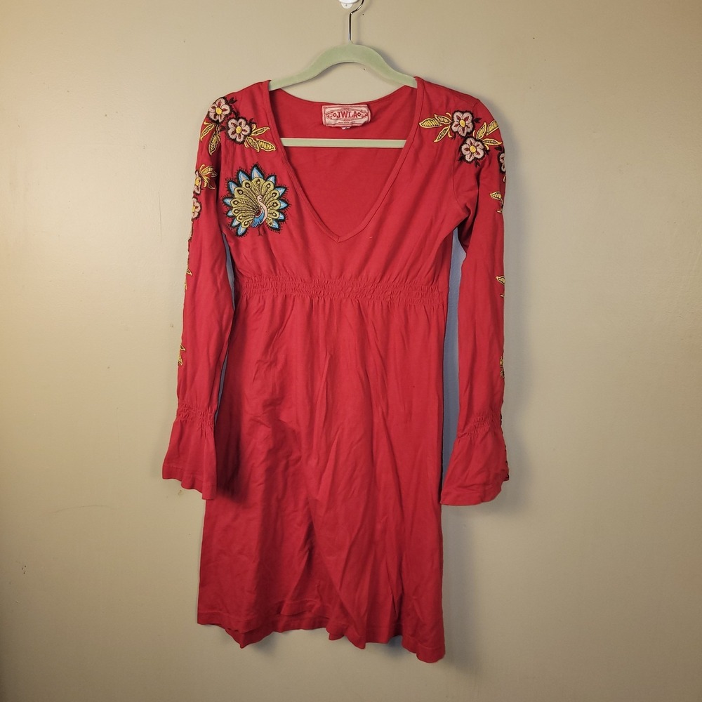 JWLA Johnny Was Red Embroidered Peacock Floral Cotton Mini Dress Small‎ Boho